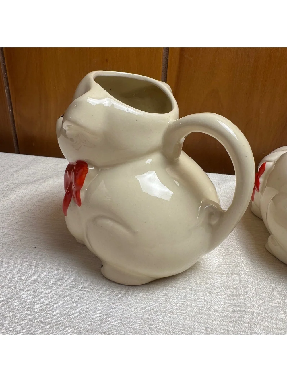 Vintage Ceramic Pig Creamer & Sugar Bowl Set Red Bow Retro Farmhouse Kitchen